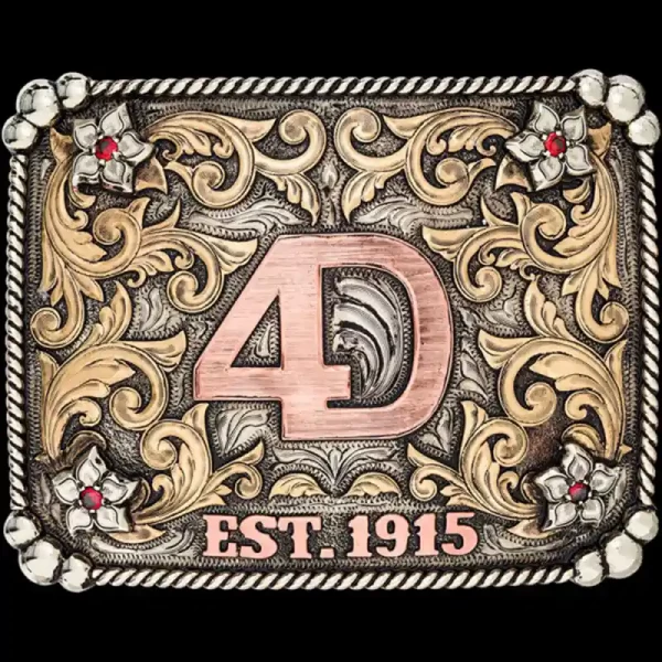 The Coyotes Edge Custom Belt Buckle features flowers, and a simple bead and rope edge. Showcase your logo, ranch brand, initials or choose a western figure to customize with!
